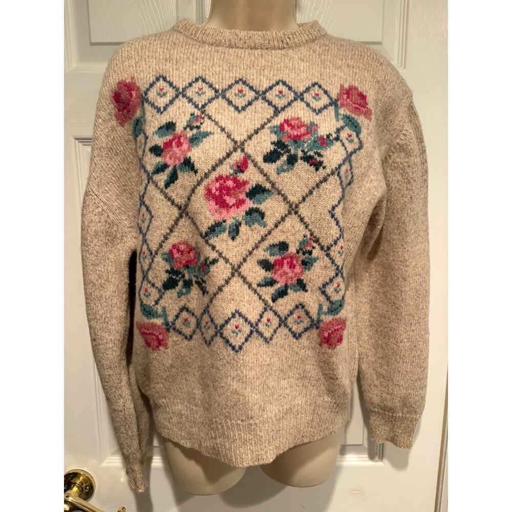 Vintage Eddie Bauer Floral Argyle Wool Lambswool Sweater Women’s L Crewneck - Picture 2 of 5